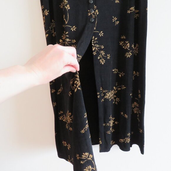 VINTAGE EZ TOWN Y2K Black Gold Floral Stretch Maxi Skirt Friends Whimsigoth Goth - Picture 7 of 13